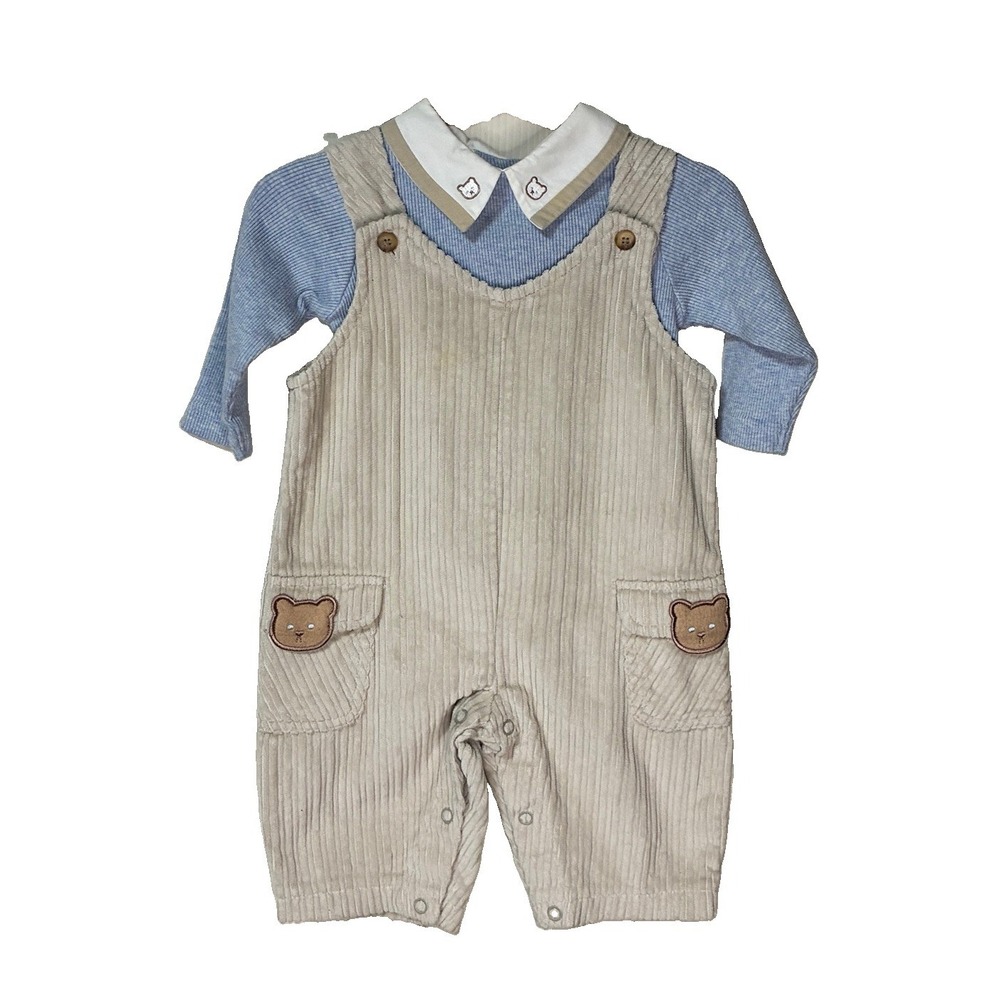 Vintage Little Bitty Baby Corduroy Overalls Set Blue Shirt Teddy Bear 3-6 Months